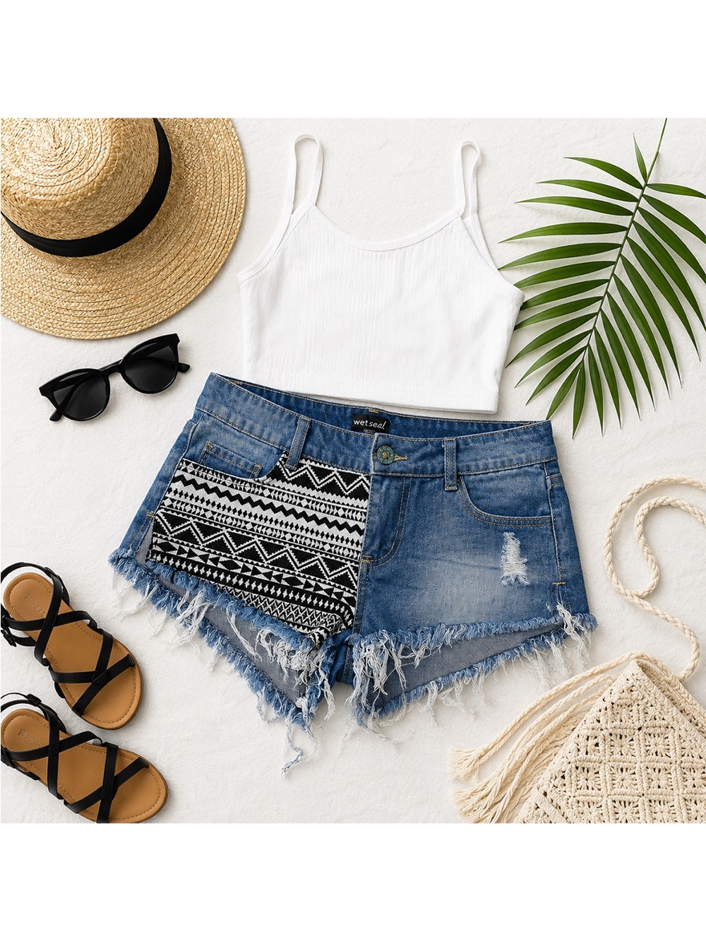 Wet Seal Denim Shorts | Y2K Vintage Low Rise Western Aztec Patchwork | Size 9